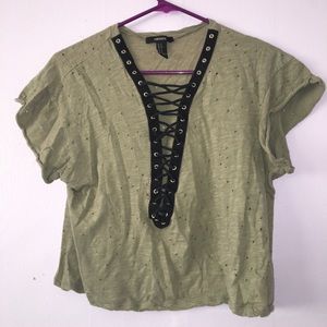 forever 21 small distressed navy green lace up top